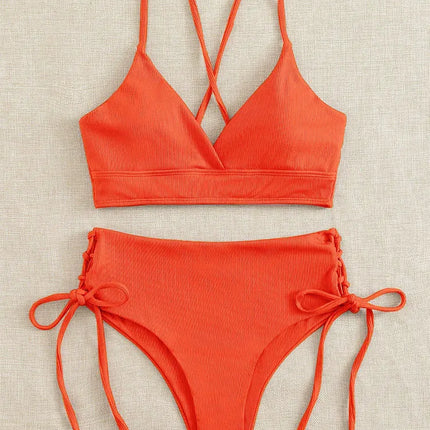 Cikini-V-Neck Split Bikini Set for Women, Sexy Swimsuit, Lace Up, Triangular Bikinis, Solid Color, Beach Swimwear, Bathing Suit