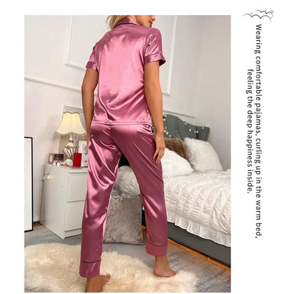 Women's Pajama Pocket Heart Embroidered Pajama Set Satin Comfortable Short Sleeve Button Pajama Lounge Pant For Women Sleepwear