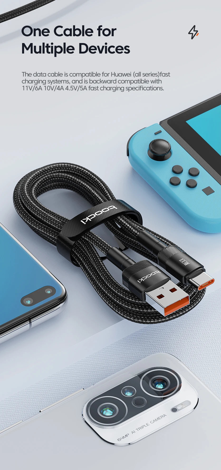 Toocki USB Type C Cable 100W Fast Charging 6A Type C Cable for Xiaomi Huawei P30 P40 Samsung POCO Realme Oneplus Data Wire