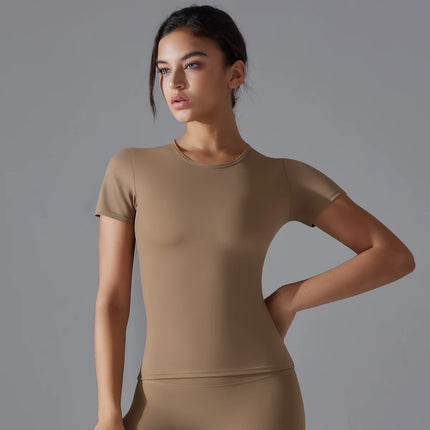 Women Running Sports T Shirt Summer Short Sleeve Round Neck Breathable Stretchy GYM Yoga Slim Fitness Active Top Tee