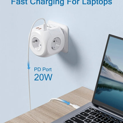 LENCENT EU Plug Wall Socket Extender with 4 AC +QC3.0USBX2 +1 Type C PD20W Fast Charger Adapter 7-in-1 Socket On/Off Switch
