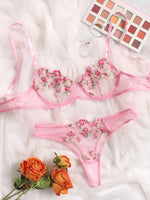 Women Floral Embroidory Underwear Set Sexy Lace Erotic Lingerie Female Bra And Brief Transparent Sensual Push Up Panty Patchwork