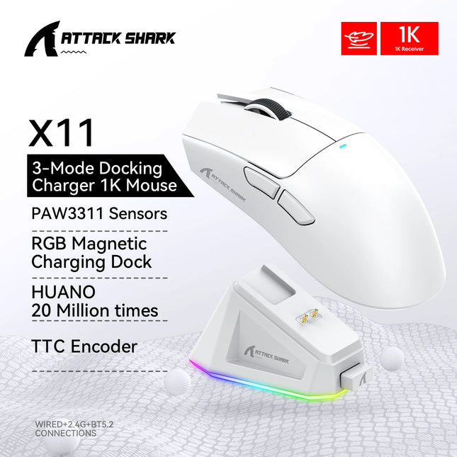 Attack Shark X11 Tri-Mode Connection 2.4GHz/Wired/Bluetooth PAW3311 22K000DPI 400IPS RGB  PC Gaming Mouse