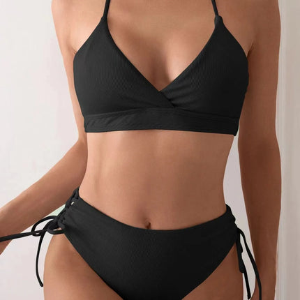 Cikini-V-Neck Split Bikini Set for Women, Sexy Swimsuit, Lace Up, Triangular Bikinis, Solid Color, Beach Swimwear, Bathing Suit