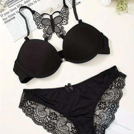 1 Piece Lace Stitching Bra   Panties Front Buckle Push Up Bra  Scallop Trim Panties Lingerie Set  Women's Lingerie Underwear