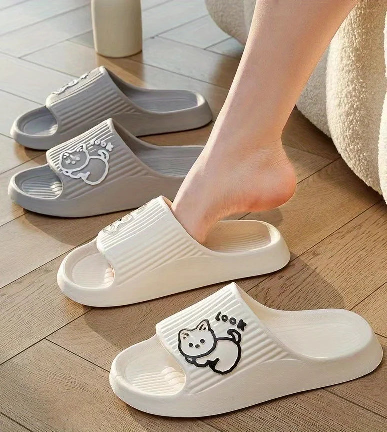 Fun Comfortable Women's SLippers Chic Cartoon Kawaii Cat Print Slides Slip-on Bathroom EVA Flat Heel Indoor Summer Fashion