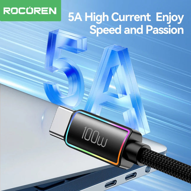 Rocoren 100W USB C to Type C Fast Charging Charger Cable 5A USB-C Cord PD 3.1 High Power Quick Charging For MacBook iPad iPhone