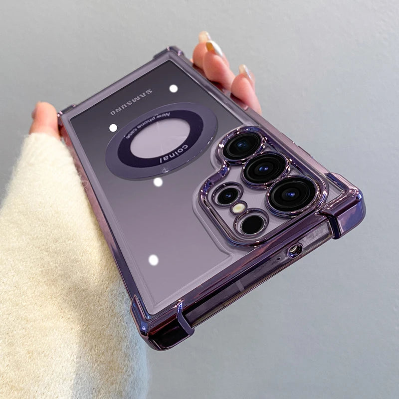 Luxury Plating Magnetic Wireless Charge Case For Samsung S24 Ultra S23 FE S22 Plus S21 S20 Note 20 Clear Lens Protection Cover