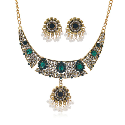 European and American retro tassel gemstone ethnic style crystal necklace earring set chain for women's light luxury travel phot