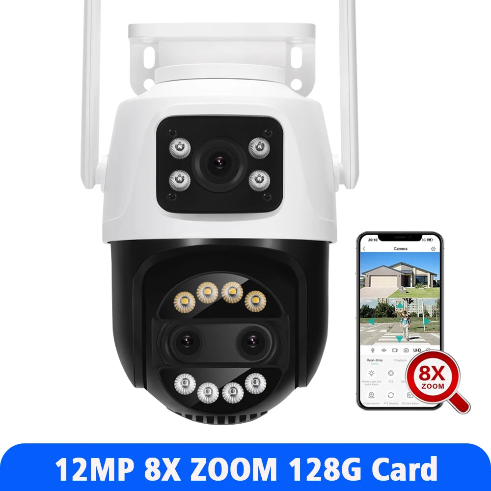 8MP Dual Lens 2.8mm -12mm 8X Zoom 4K PTZ WiFi IP Camera Outdoor AI Human Tracking CCTV Audio Home Security Surveillance Camera