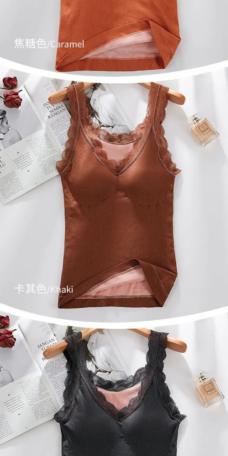 40-90 Kg Plus Size Thermal Underwear Female Velvet Lace V-neck Sexy Slim Warm Vest Camisole Cotton Tank Tops термобелье женское