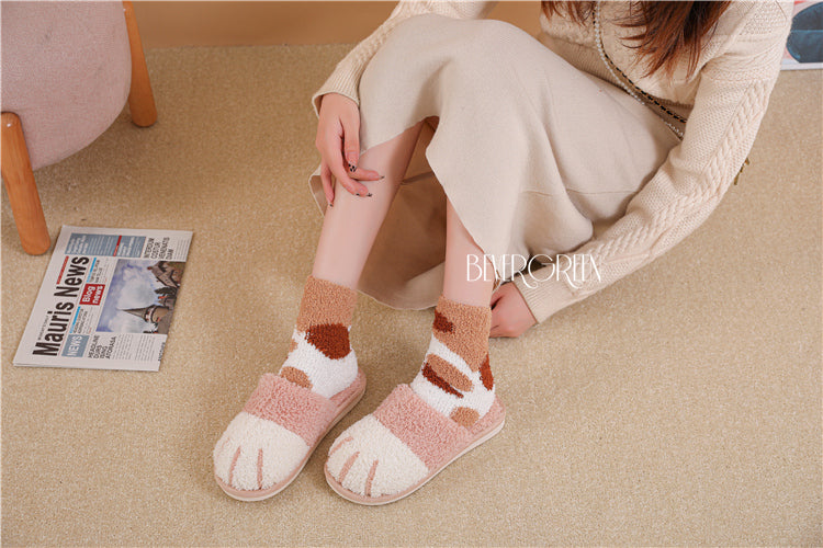 BEVERGREEN Winter Cute Cat Paw Designer House Women Fur Slippers Floor Mute Bedroom Lovers Warm Plush Shoes Indoor Fluffy Slides