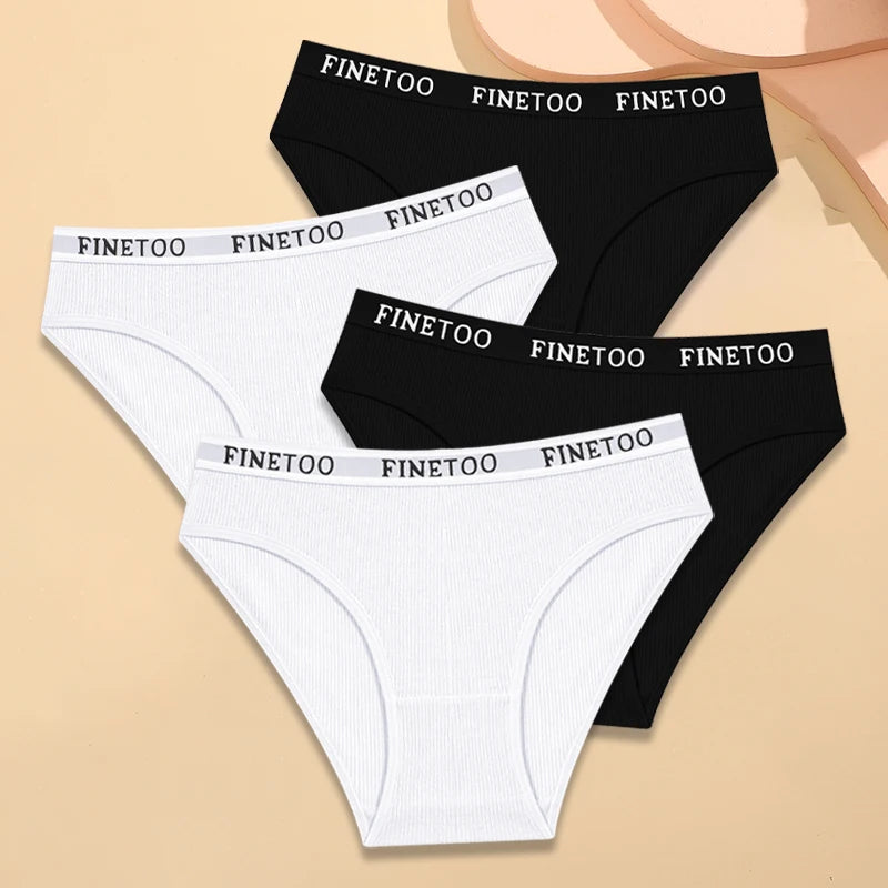 FINETOO 4Pcs Cotton Striped Underwear Women's Panties Letter Belt Briefs Ladies Low Waist Lingerie Solid Breathable Underpants
