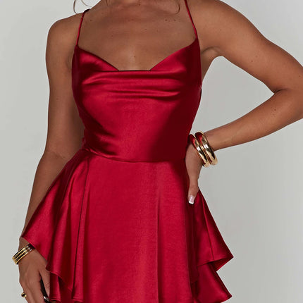 Women Sleeveless Satin Playsuits Fashion Summer Short Sling Backless Jumpsuits Cross Tie-Up Bandage Romper Streetwear Outfit