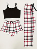 3Pcs Women's Pajama Set Camisole Shorts Trousers Three-Piece Bow Tie Home Wear Set Plaid Print Sleepwear for Women Christmas pjs