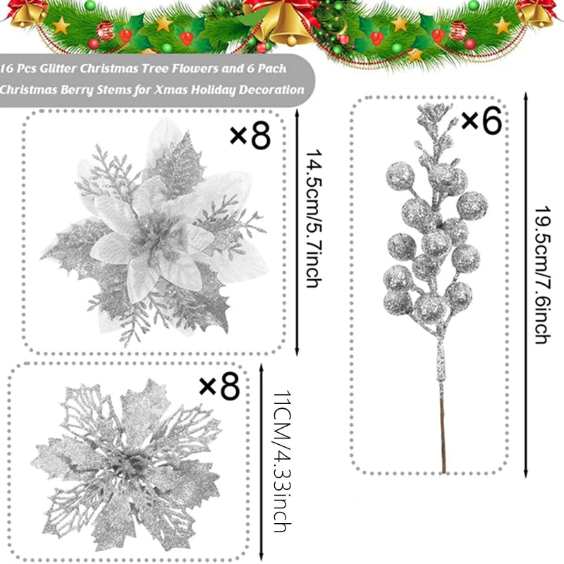 22Pcs Christmas Decoration Artificial Flowers Berry Bouquet Christmas Tree Ornament Home Decor New Year Navidad Gift Accessories