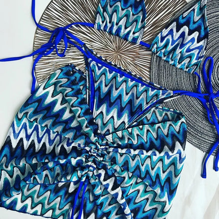 Women Swimsuit Colored Maple Leaves Knitted Bikini Skirt Three-Piece Set Split Swimsuit Bikini