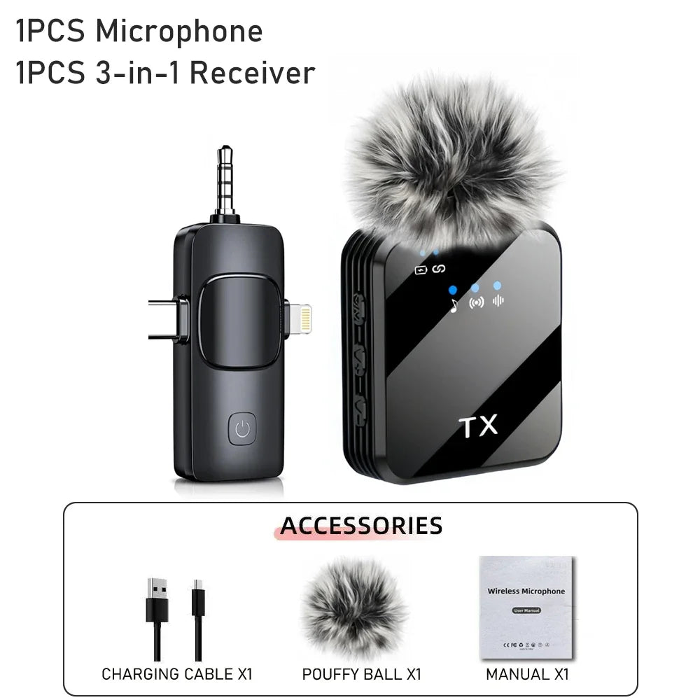 3in1 Microphone for iPhone/Android, Wireless, 328ft Transmission, Mini Microphone for Record Interview