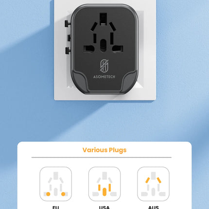 ASOMETECH International Travel Adapter USB Charger 2 USB and 2 Type C Port All-in-one Wall Charger for US EU UK AUS Travel