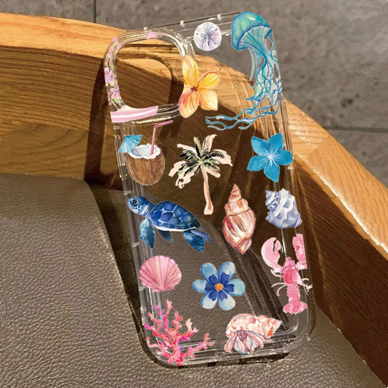 Transparent Turtle Lobster Coconut Print Case For iPhone 16E 16 15 14 13 12 11 Pro Max Mini Soft Covers
