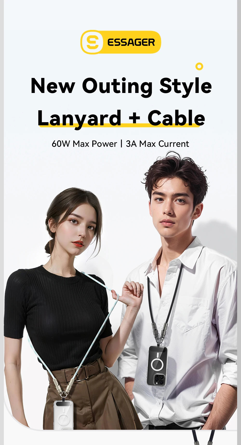 Essager 60W Type C To Type C Fast Charging Cable  For iPhone 16 Xiaomi Huawei  Lanyard  Halter Neck Wrist Multifunctional Cable