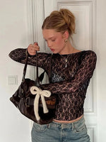 Mooyufon Long Sleeves See Through Lace Crop Top Solid Sexy Bodycon T-Shirt For Women Party Club Autumn Winter Clothes