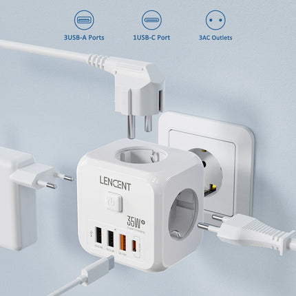 LENCENT EU Plug Power Strip Wall Socket with 3 AC+3 USB QC 18W +1 Type C PD 35W Fast Charger Adapter 7-in-1 Socket On/Off Switch