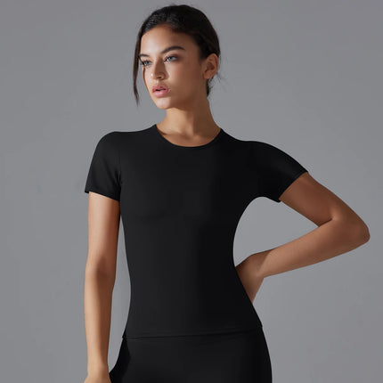 Women Running Sports T Shirt Summer Short Sleeve Round Neck Breathable Stretchy GYM Yoga Slim Fitness Active Top Tee