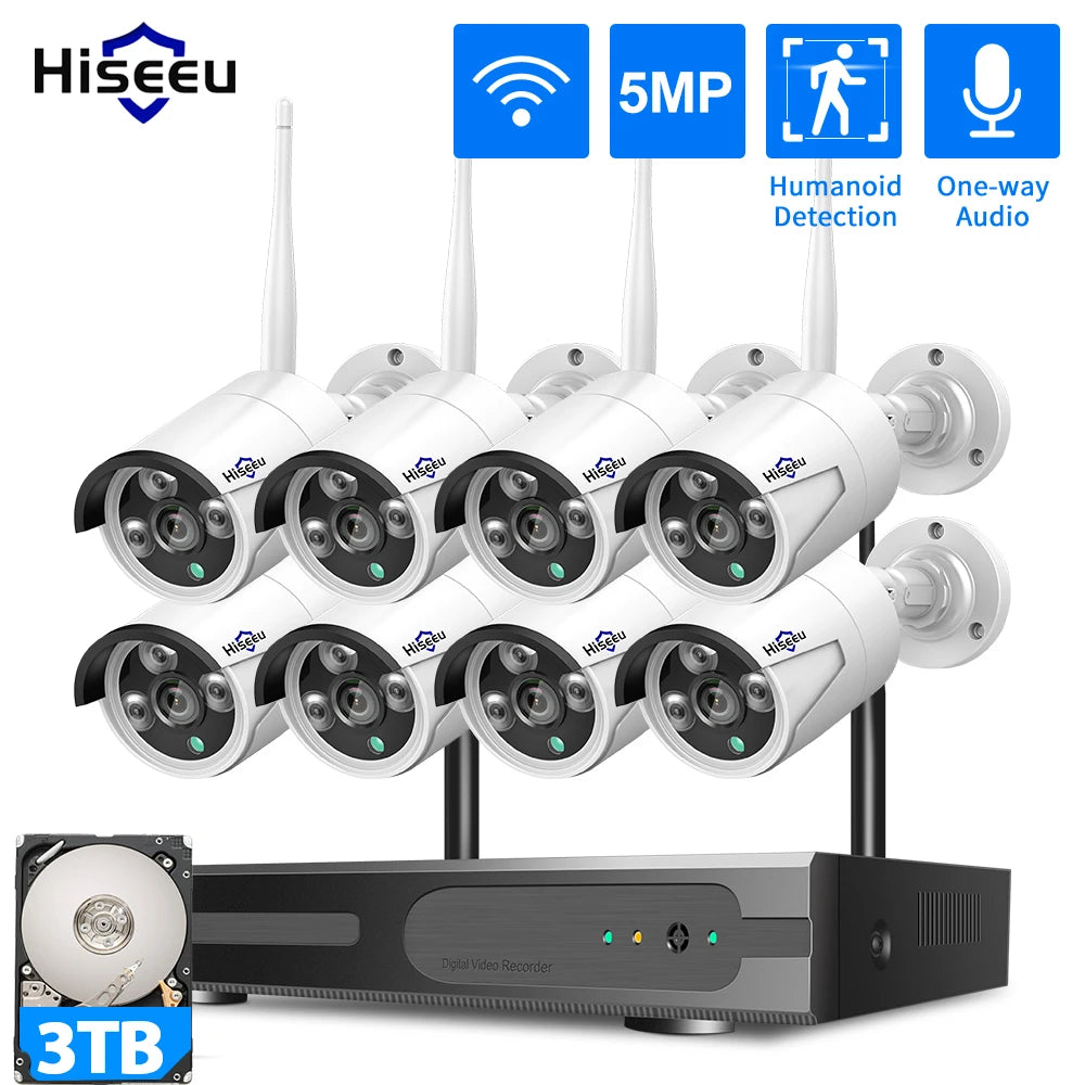 Hiseeu 3/5MP WiFi CCTV Camera Security System IR Night Vision Bullet Camera Set 10CH NVR Wireless CCTV Surveillance System