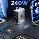240W GaN Charger 6-IN-1 140W PD3.1 PPS USB Type C Digital Display Fast Charging Station for iPhone 16 15 MacBook Laptops Samsung