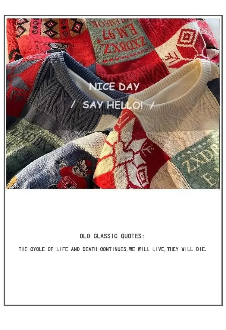 Christmas Sweater Men's Winter Loose-fit Casual Style Knitted Top Jacket American Vintage Fleece-lined Thickened Line Clothes