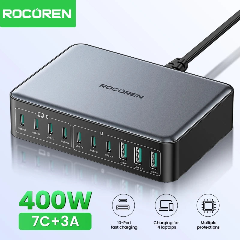 Rocoren 400W USB Type C Gan Charger Portable 10 in 1 Desktop Power Station Type-C Fast Charger For iPhone 16 Pro Max MacBook Air