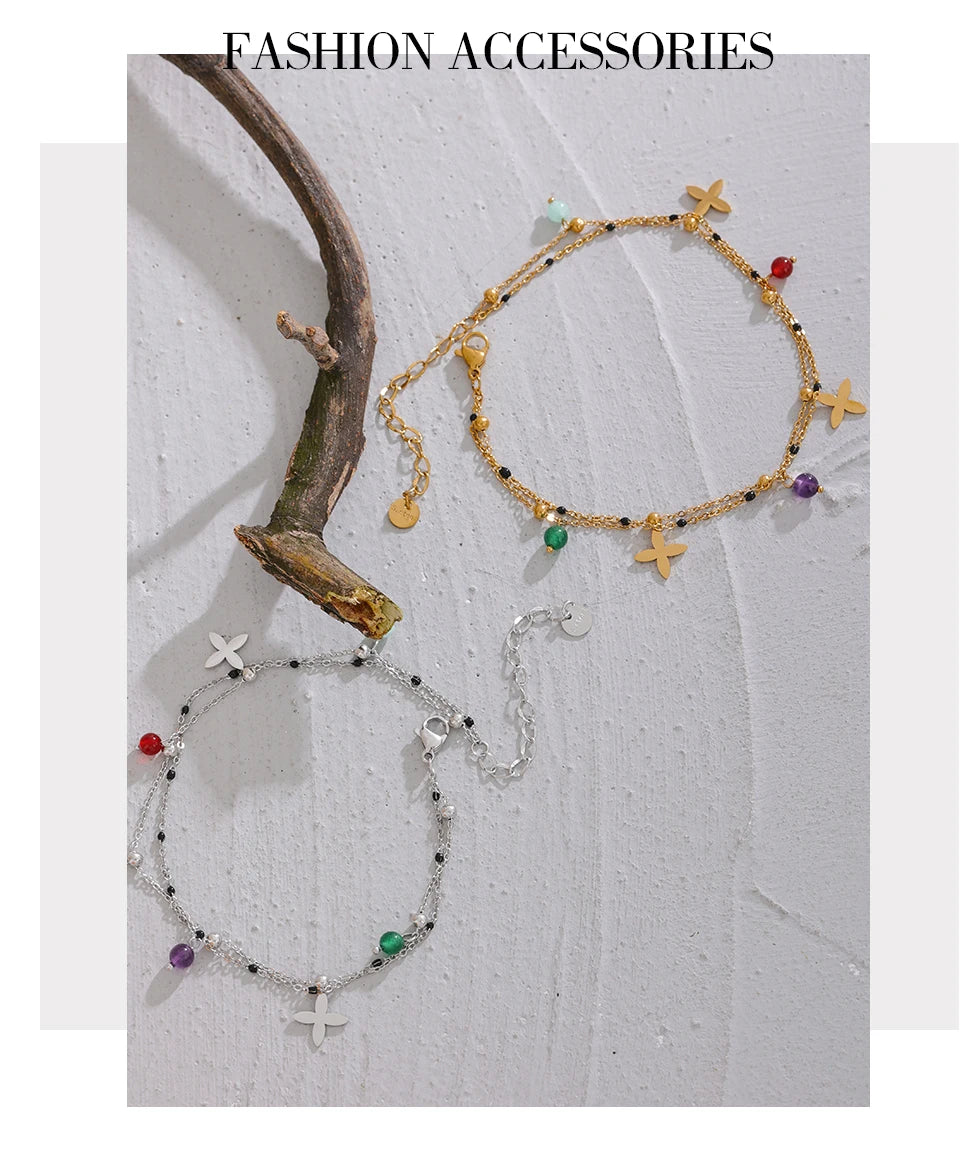 Yhpup Colorful Natural Stone Bead Flower Chain Stainless Steel Beach Anklet for Women Exquisite Summer Jewelry Bijoux Femme