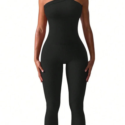 Women Yoga Jumpsuits Workout Ribbed One Shoulder One Piece Sport Jumpsuits