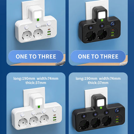 EU Plug Power Strip with 3 AC Outlets +2 USB Ports+ 1 Type C, 6-in-1 Plug Socket Adapter Wall Charger for Home Office