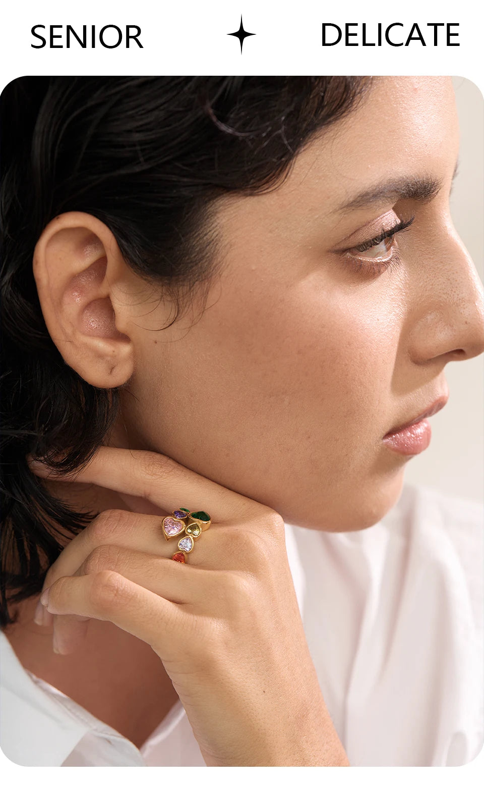 Yhpup Delicate Cubic Zirconia Heart Stainless Steel Gold Color Adjustable Fashion Open Ring High Quality Chic Charm Jewelry