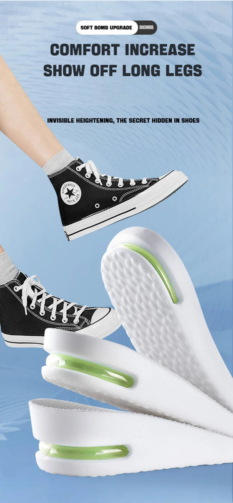 1Pair Height Increase Insole for Feet Comfort Plantar Fasciitis Shoes Insoles Men Women Sports Air Shock Absorbing Shoe Pads