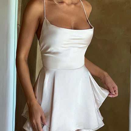 Women Sleeveless Satin Playsuits Fashion Summer Short Sling Backless Jumpsuits Cross Tie-Up Bandage Romper Streetwear Outfit
