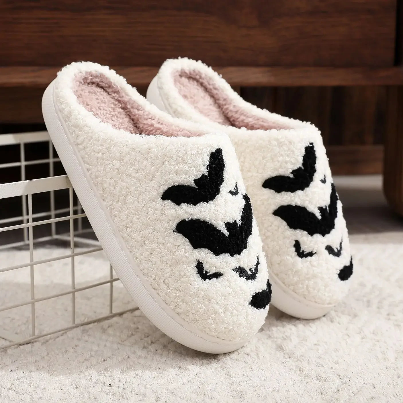 Warm Plush Slippers Women's Winter Halloween Black Spider Web Home Cotten Slippers Flip Men Indoor Floor Slippers Party Gifts