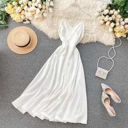 Women Sexy Beach Long Dress Summer V-neck Elegant White Evening Party Dressesladies Backless Bandage Satin Dress Vestidos