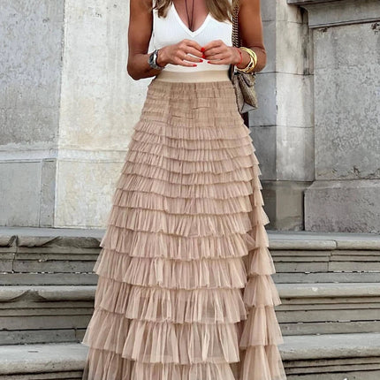 Solid Multilayer Ruffle Mesh Skirt Women Boho High Waist Long Maxi Tulle Skirt Spring Summer Party Women'S Clothing