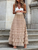 Solid Multilayer Ruffle Mesh Skirt Women Boho High Waist Long Maxi Tulle Skirt Spring Summer Party Women'S Clothing
