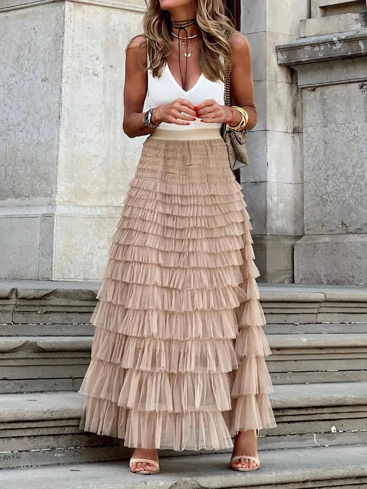 Solid Multilayer Ruffle Mesh Skirt Women Boho High Waist Long Maxi Tulle Skirt Spring Summer Party Women'S Clothing