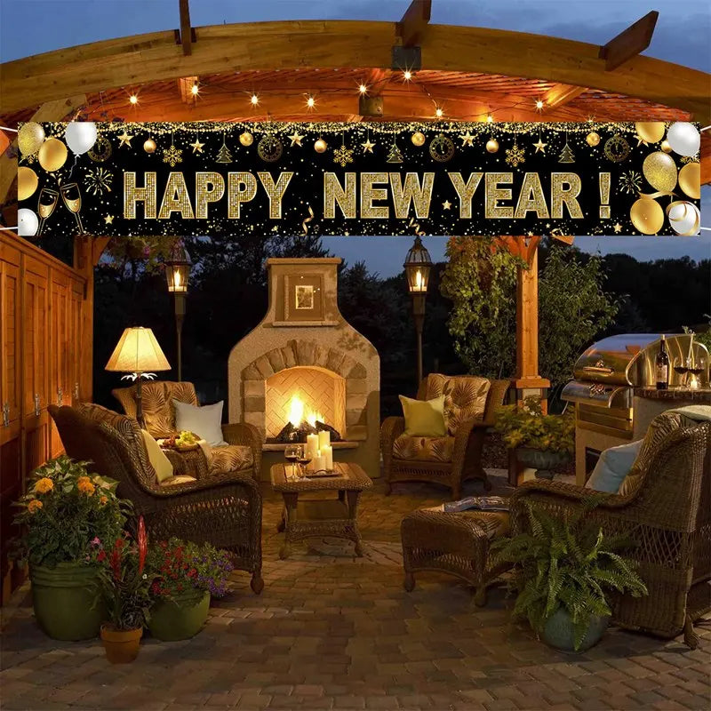 Black/Red Gold Happy New Year 2025 Banner Navidad Natal Noel Outdoor Flags New Year Party Decor Balloon Photography Background