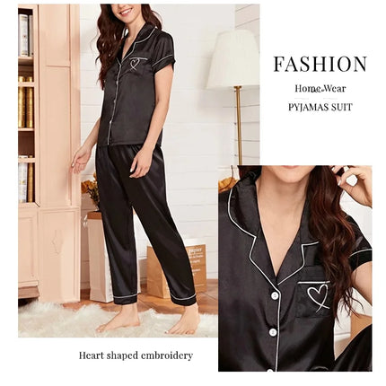 Women's Pajama Pocket Heart Embroidered Pajama Set Satin Comfortable Short Sleeve Button Pajama Lounge Pant For Women Sleepwear