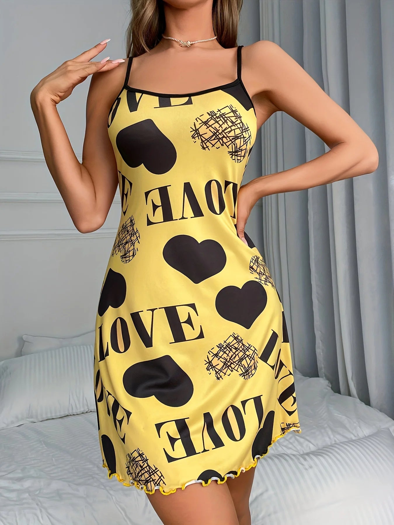 Women Summer Camisole Nightgown Backless Heart LOVE Print Soft Breathable Sleepwear Ruffle Hem Round Neck Night Dress
