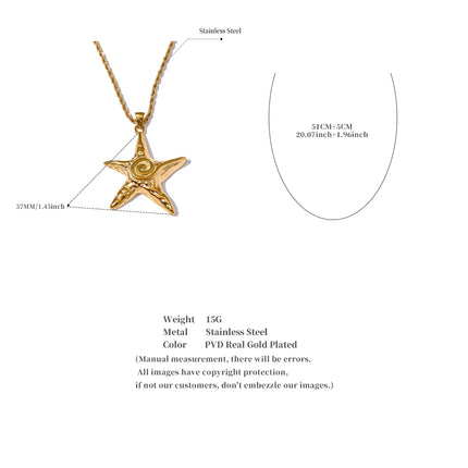 Yhpup 316L Stainless Steel Starfish Pendant Necklace Rust Proof Statement 18K Gold PVD Plated Individualistic Holiday Jewelry
