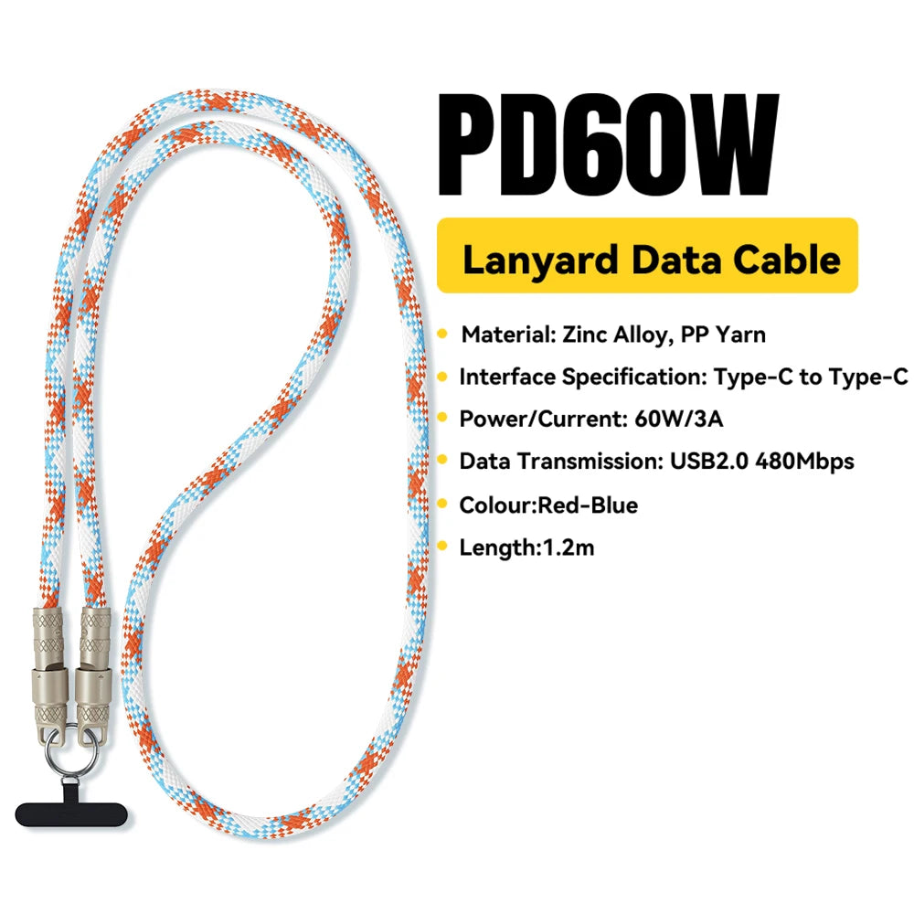 Essager 60W Type C To Type C Fast Charging Cable  For iPhone 16 Xiaomi Huawei  Lanyard  Halter Neck Wrist Multifunctional Cable