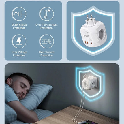 LENCENT EU Plug Wall Socket Extender with 4 AC +QC3.0USBX2 +1 Type C PD20W Fast Charger Adapter 7-in-1 Socket On/Off Switch