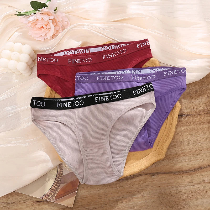 FINETOO 4Pcs Cotton Striped Underwear Women's Panties Letter Belt Briefs Ladies Low Waist Lingerie Solid Breathable Underpants
